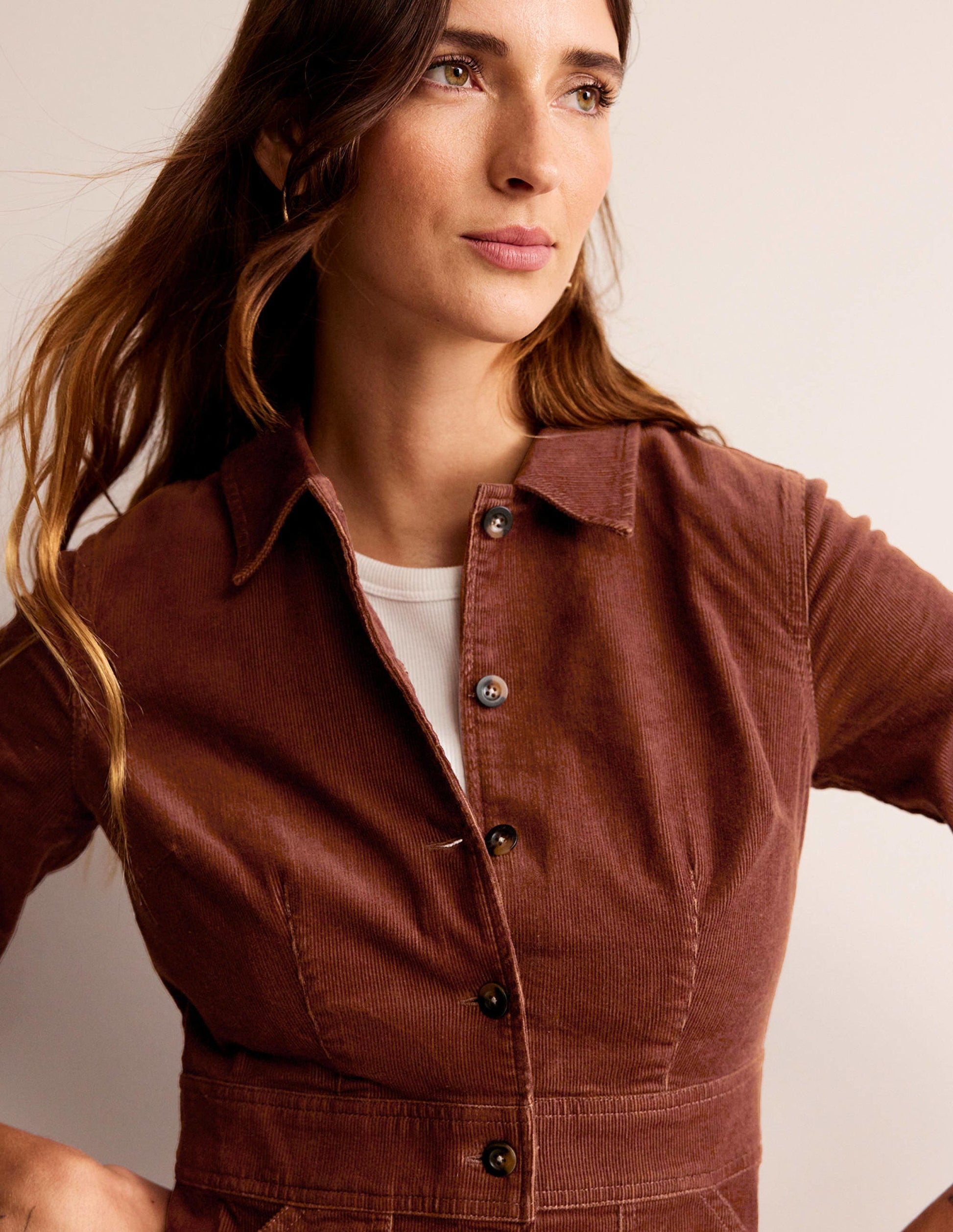 Flora Cord Shirt Dress-Cognac-2