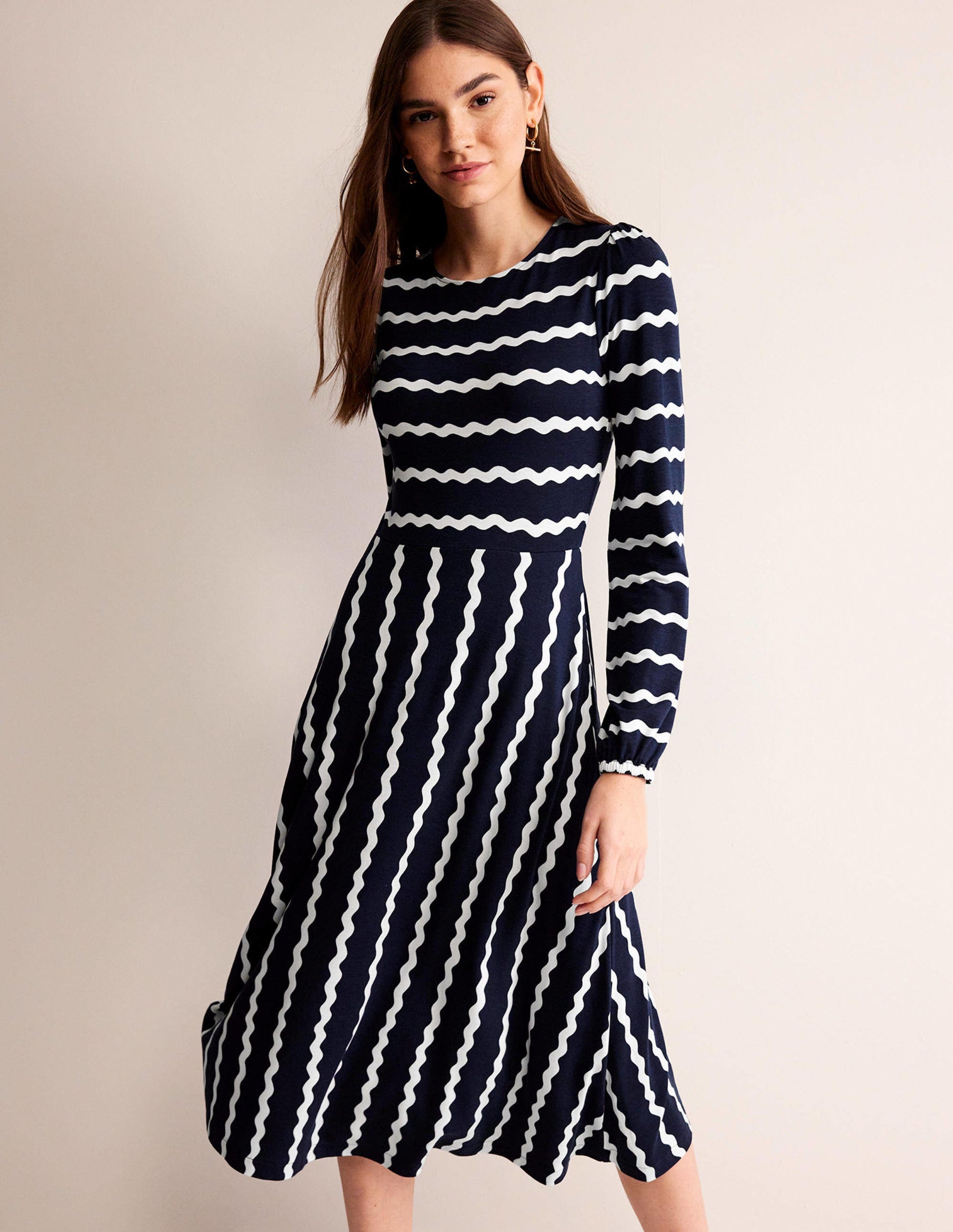 Camille Jersey Midi Dress-French Navy, Chevron-4