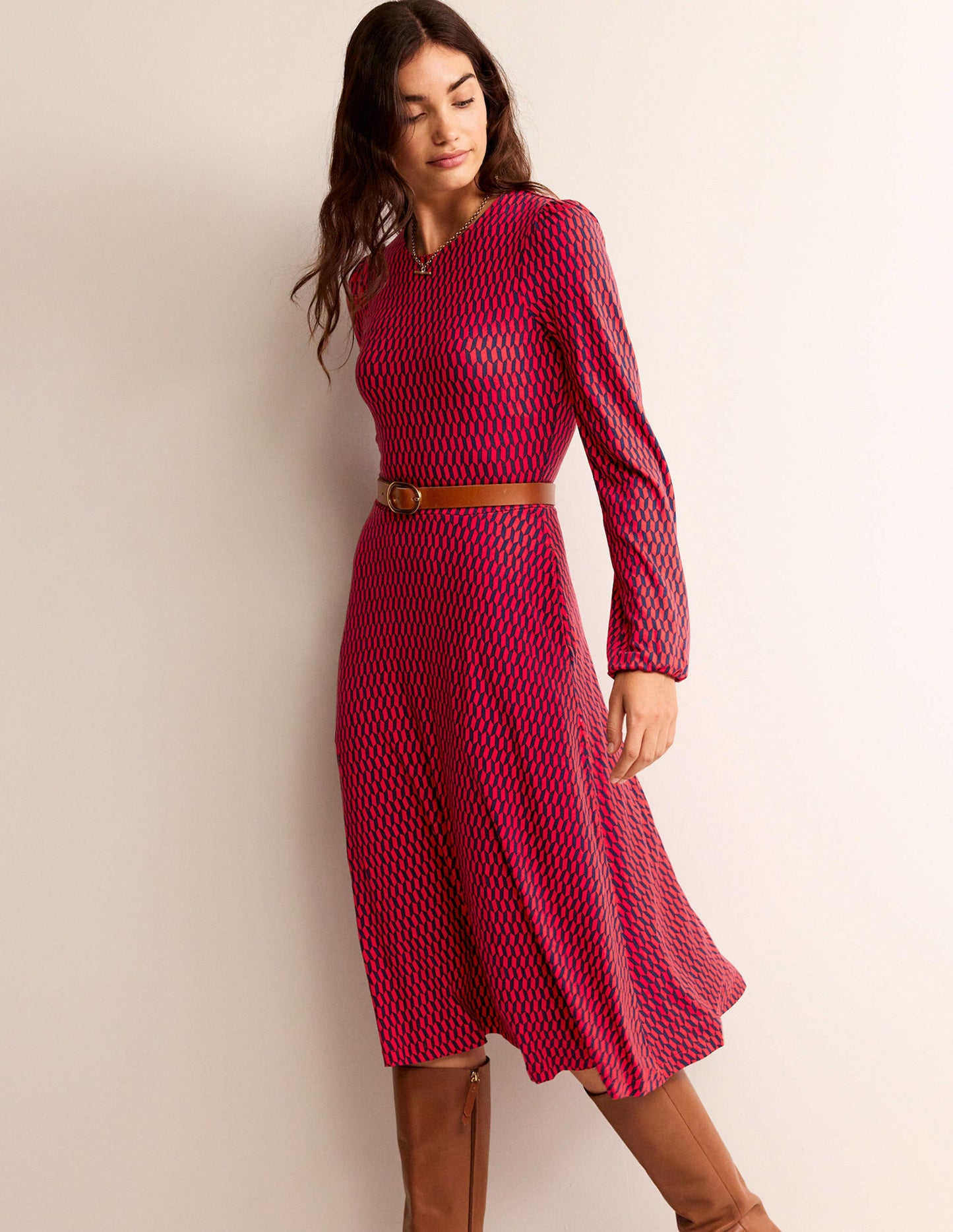 Camille Jersey Midi Dress-Brilliant Red, Block Tile