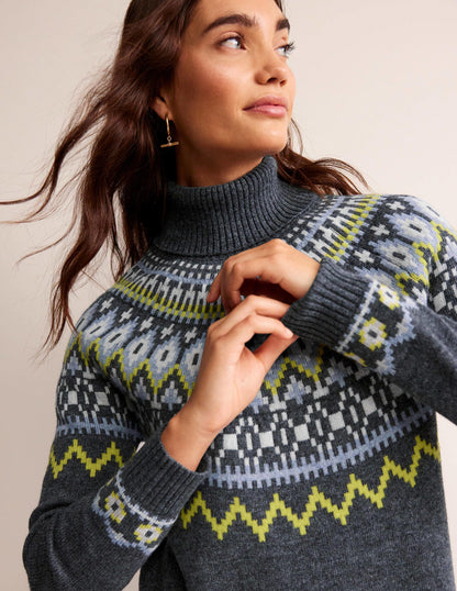 Edith Fair Isle Knitted Dress-Charcoal Melange-1