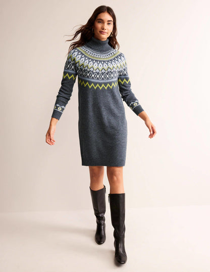 Edith Fair Isle Knitted Dress-Charcoal Melange-2