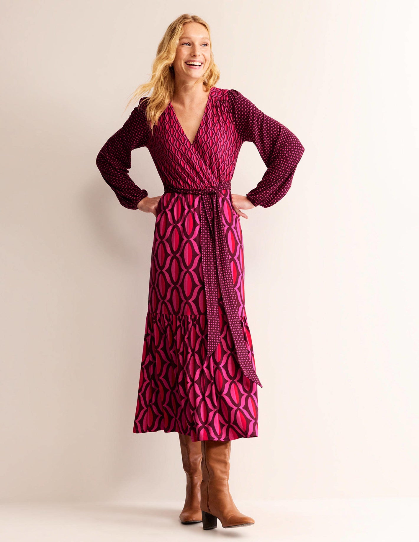 Jersey Maxi Wrap Dress-Vibrant Pink, Geo Valley