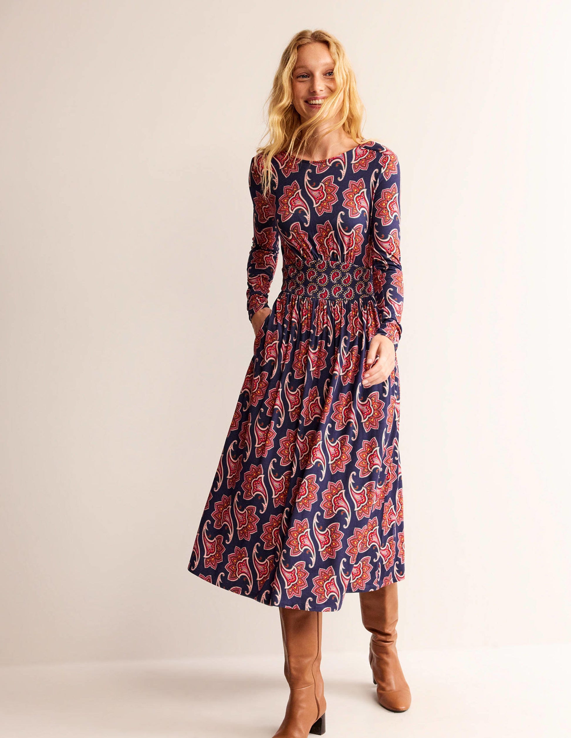 Thea Long Sleeve Midi Dress-French Navy, Paisley Amaryllis-1