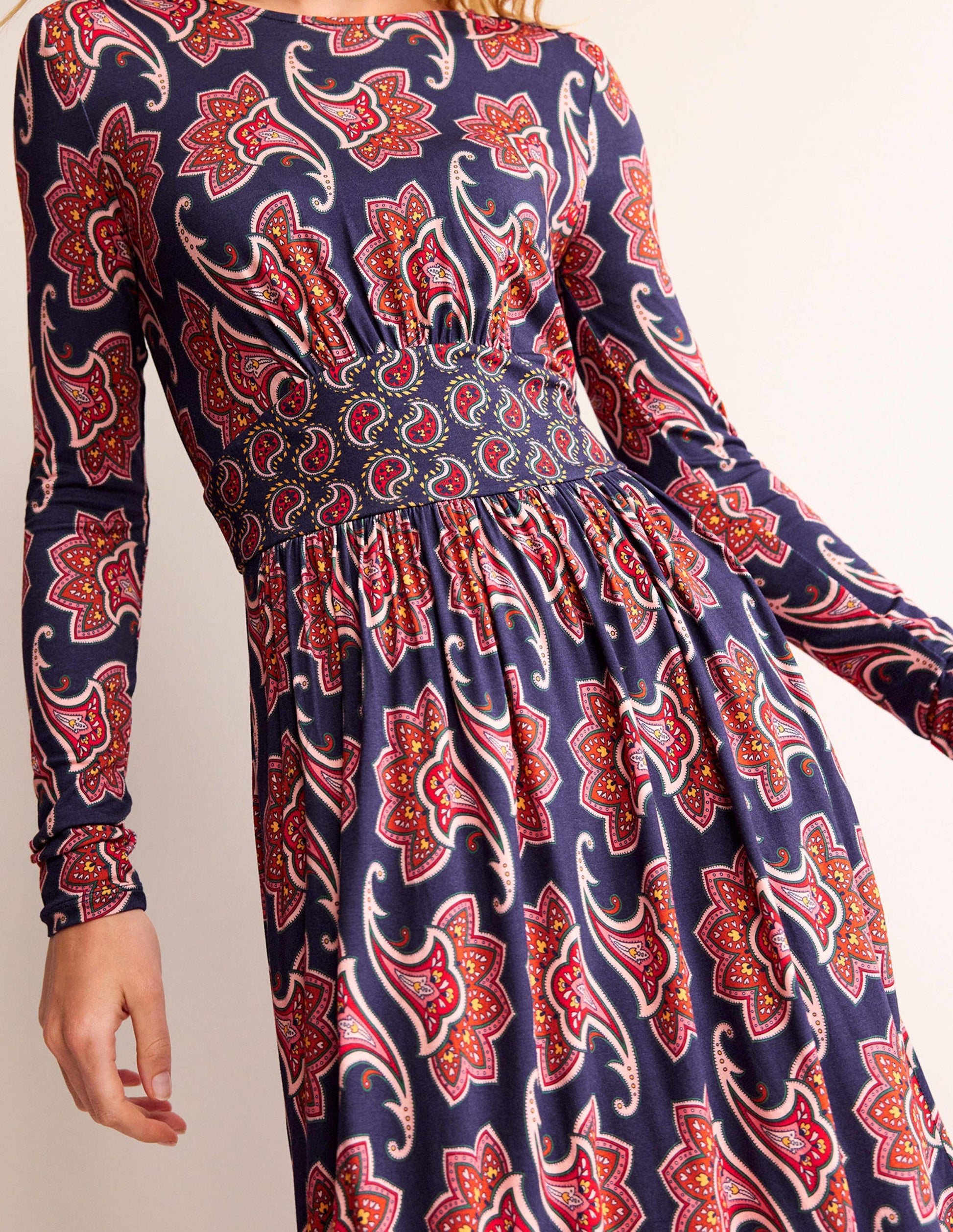Thea Long Sleeve Midi Dress-French Navy, Paisley Amaryllis-2