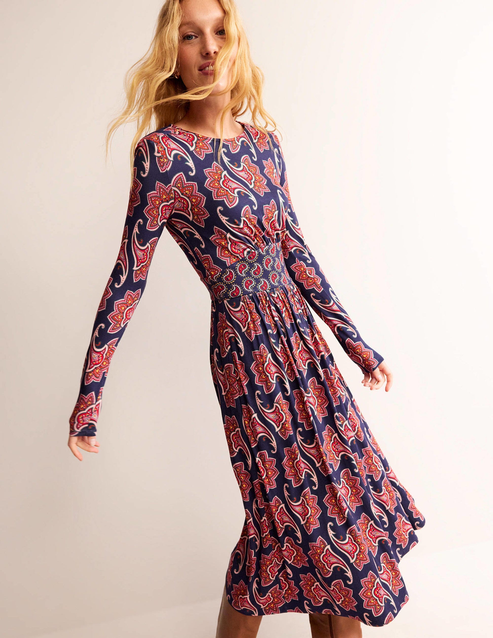 Thea Long Sleeve Midi Dress-French Navy, Paisley Amaryllis-4