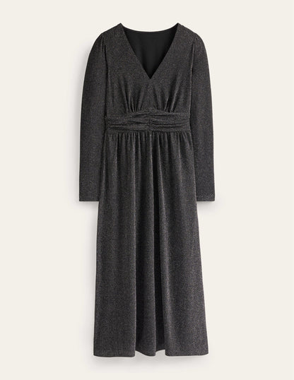 Ruched Sparkle Midi Dress-Black-5