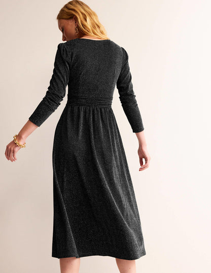 Ruched Sparkle Midi Dress-Black-3