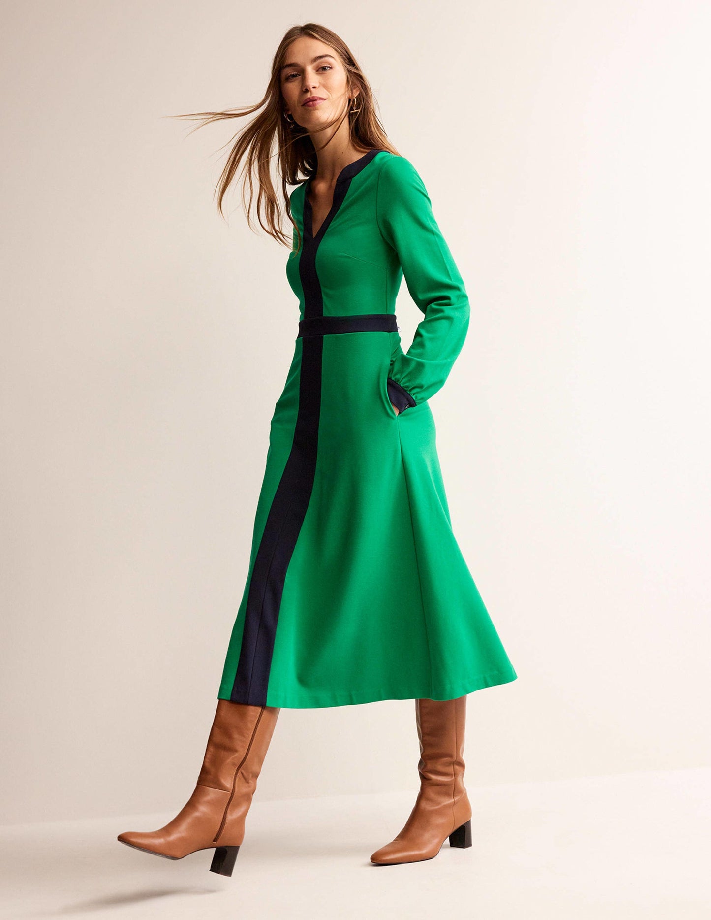 Colour Block V-Neck Midi Dress-Green and Navy