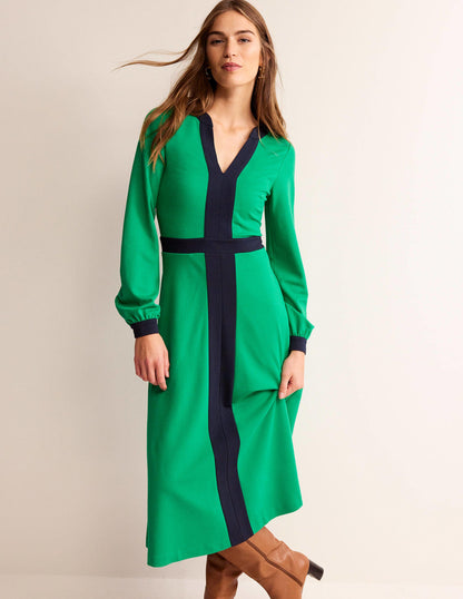 Colour Block V-Neck Midi Dress-Green and Navy-2