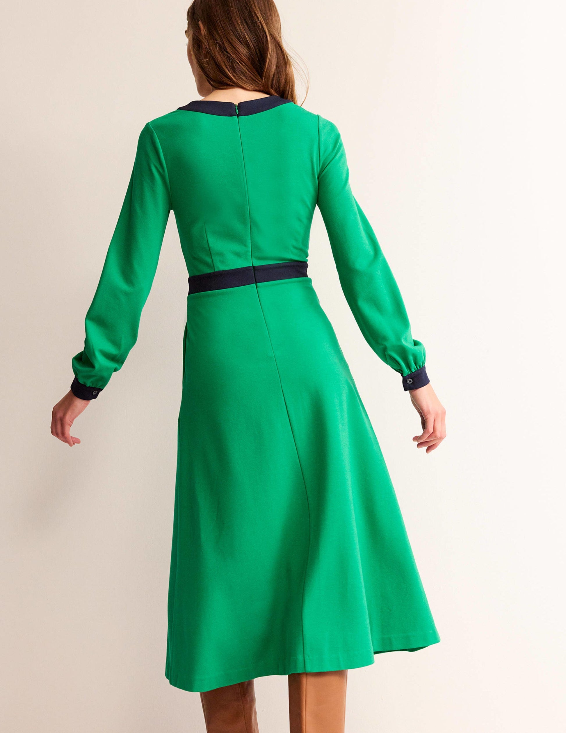 Colour Block V-Neck Midi Dress-Green and Navy-4