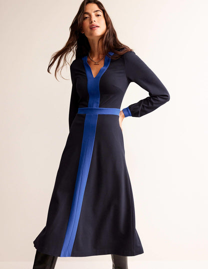 Colour Block V-Neck Midi Dress-Navy and Bright Blue-1