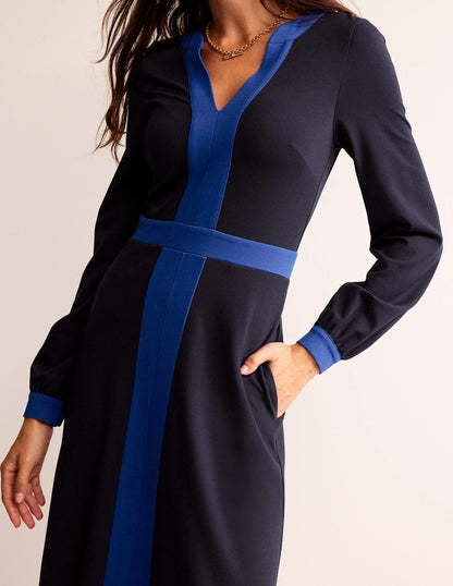 Colour Block V-Neck Midi Dress-Navy and Bright Blue-2
