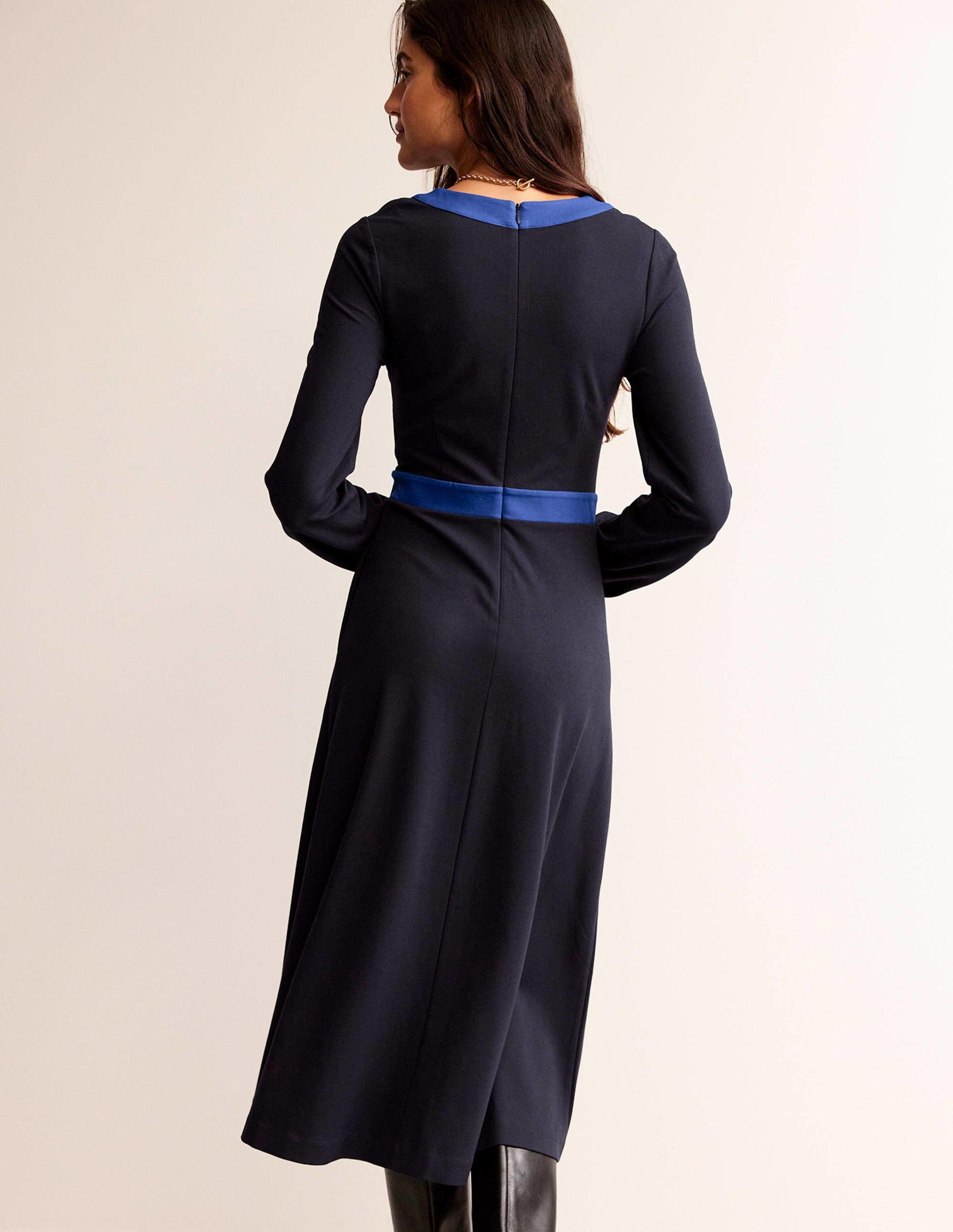 Colour Block V-Neck Midi Dress-Navy and Bright Blue-3