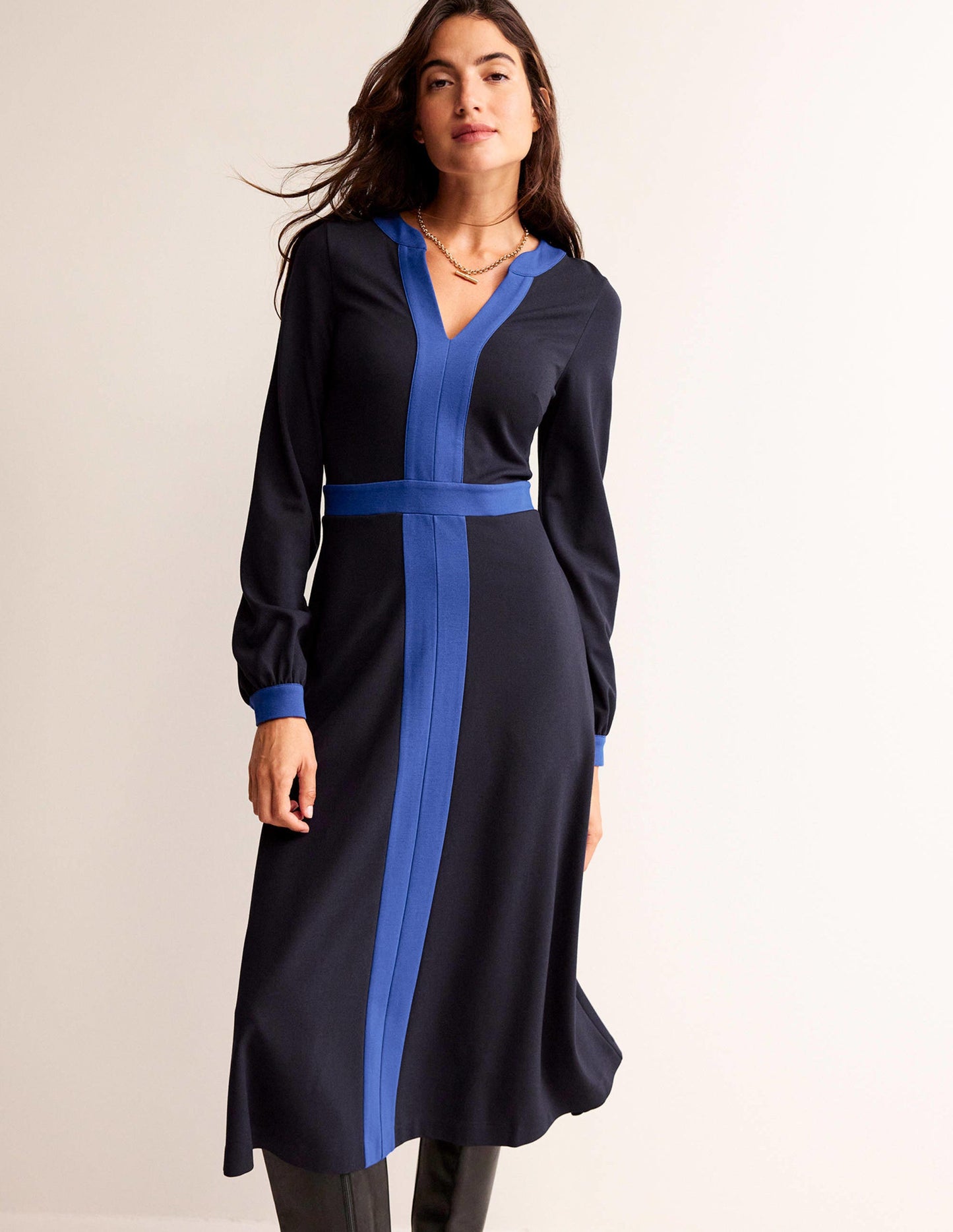 Colour Block V-Neck Midi Dress-Navy and Bright Blue
