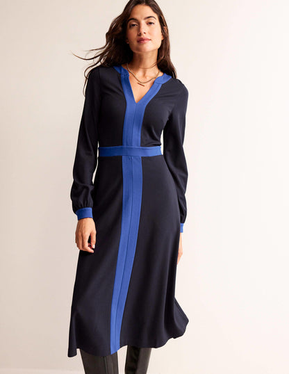 Colour Block V-Neck Midi Dress-Navy and Bright Blue-4