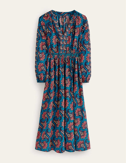 Border Print Raglan Midi Dress-Aegean Blue, Paisley Amaryllis-6