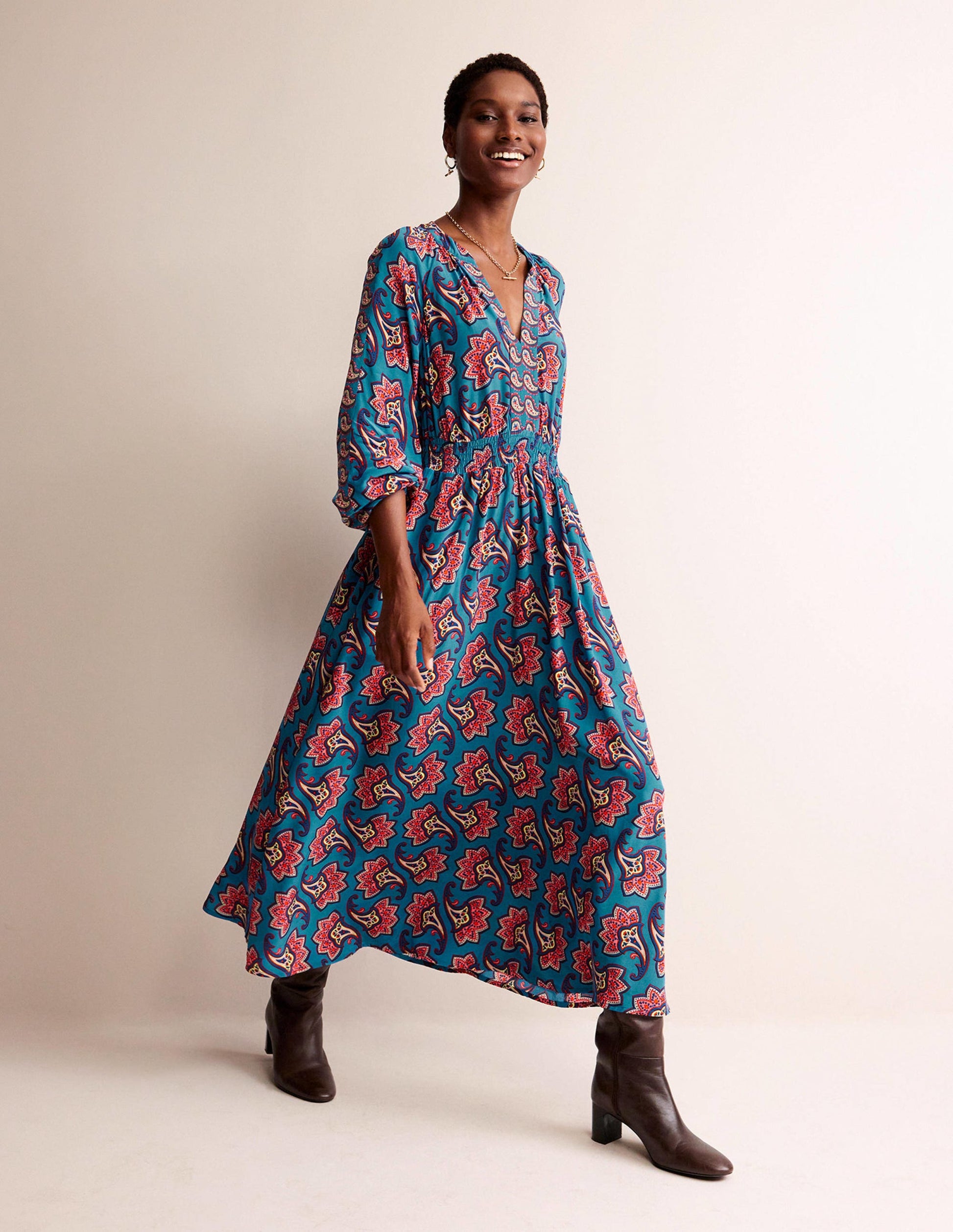 Border Print Raglan Midi Dress-Aegean Blue, Paisley Amaryllis-1