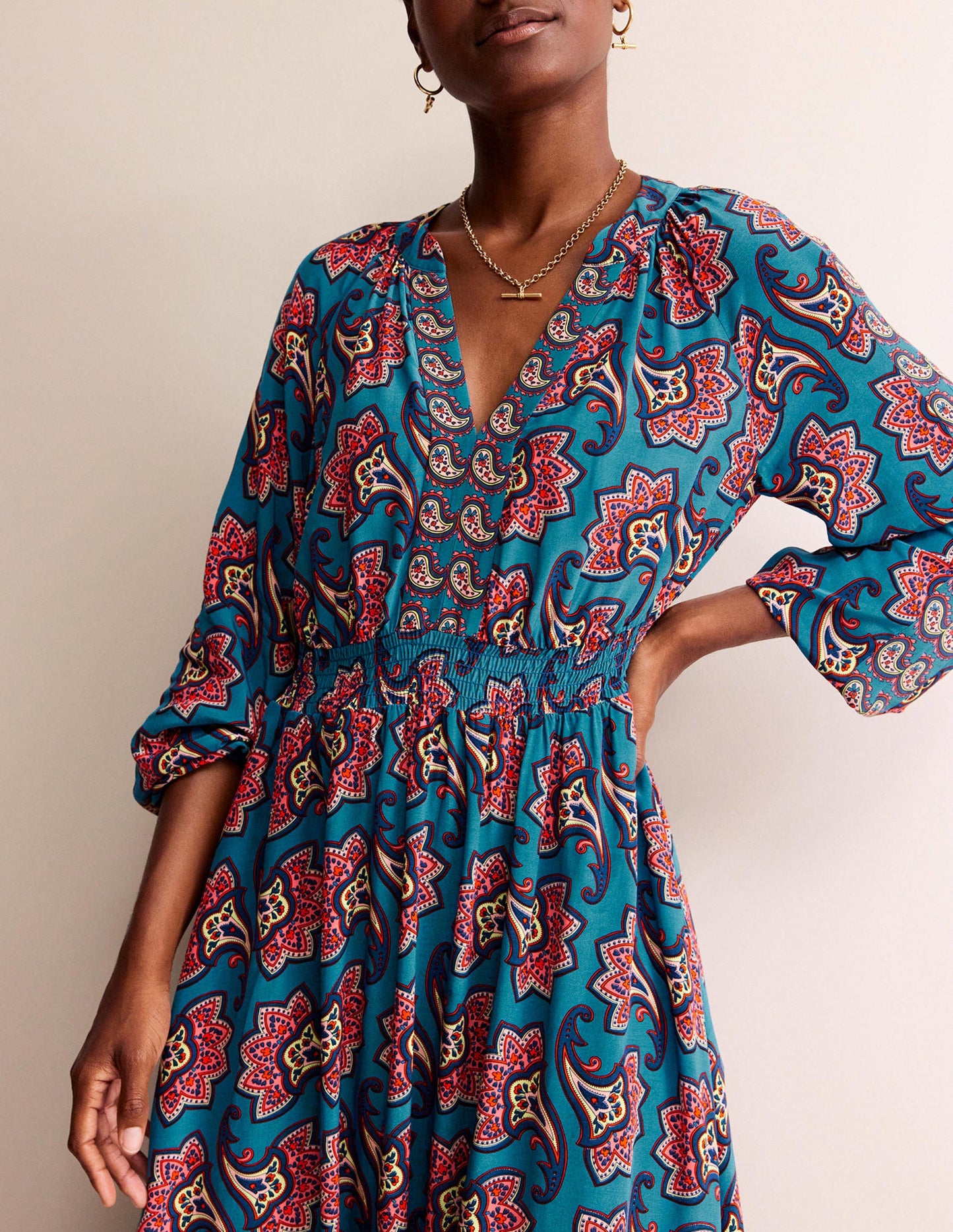 Border Print Raglan Midi Dress-Aegean Blue, Paisley Amaryllis