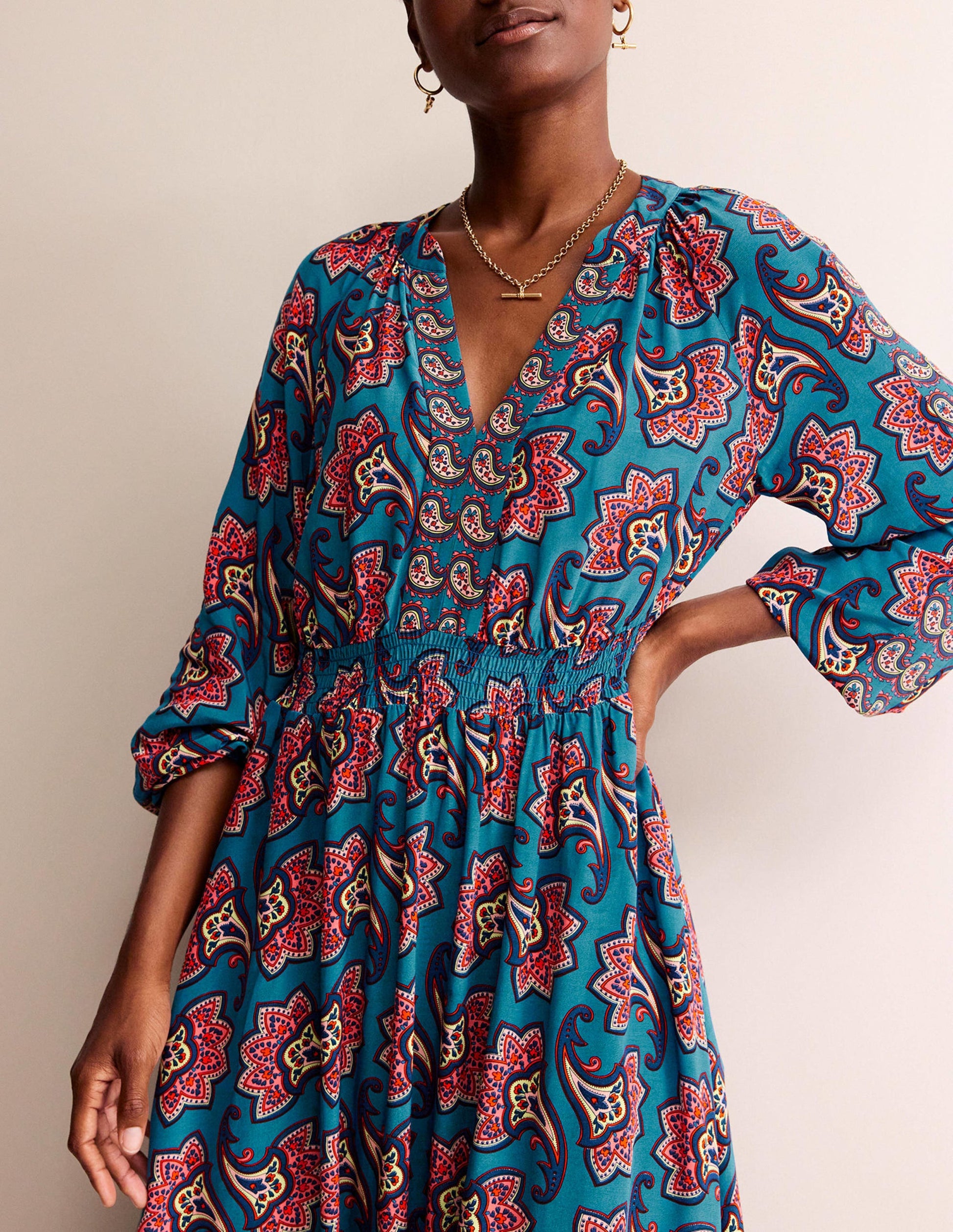 Border Print Raglan Midi Dress-Aegean Blue, Paisley Amaryllis-2