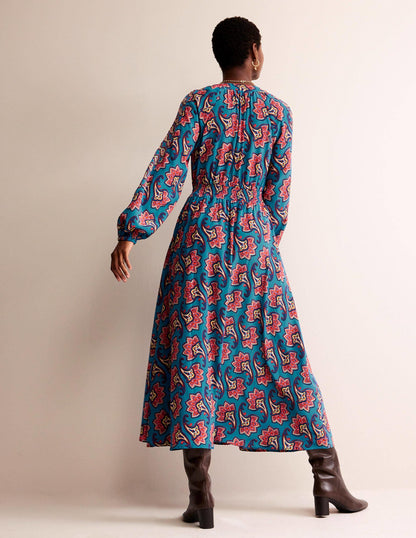 Border Print Raglan Midi Dress-Aegean Blue, Paisley Amaryllis-3