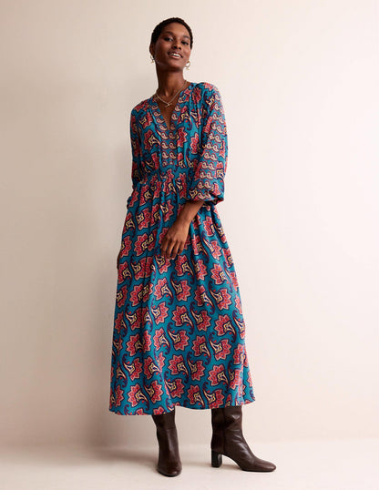 Border Print Raglan Midi Dress-Aegean Blue, Paisley Amaryllis-4