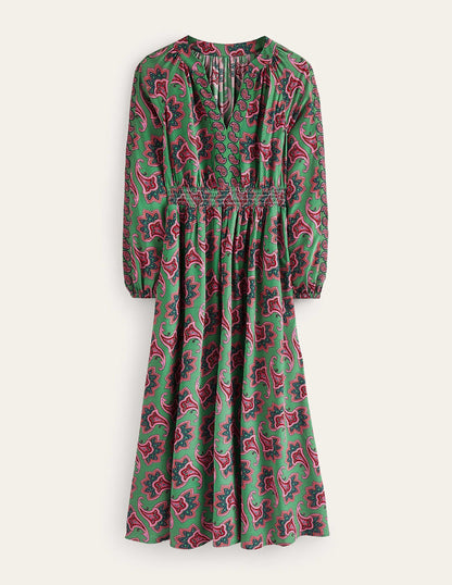 Border Print Raglan Midi Dress-Green, Paisley Amaryllis-6