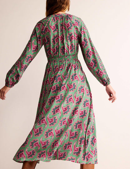 Border Print Raglan Midi Dress-Green, Paisley Amaryllis-3
