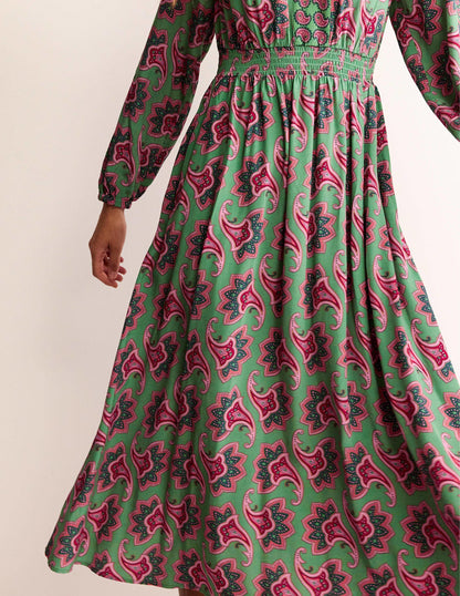 Border Print Raglan Midi Dress-Green, Paisley Amaryllis-4