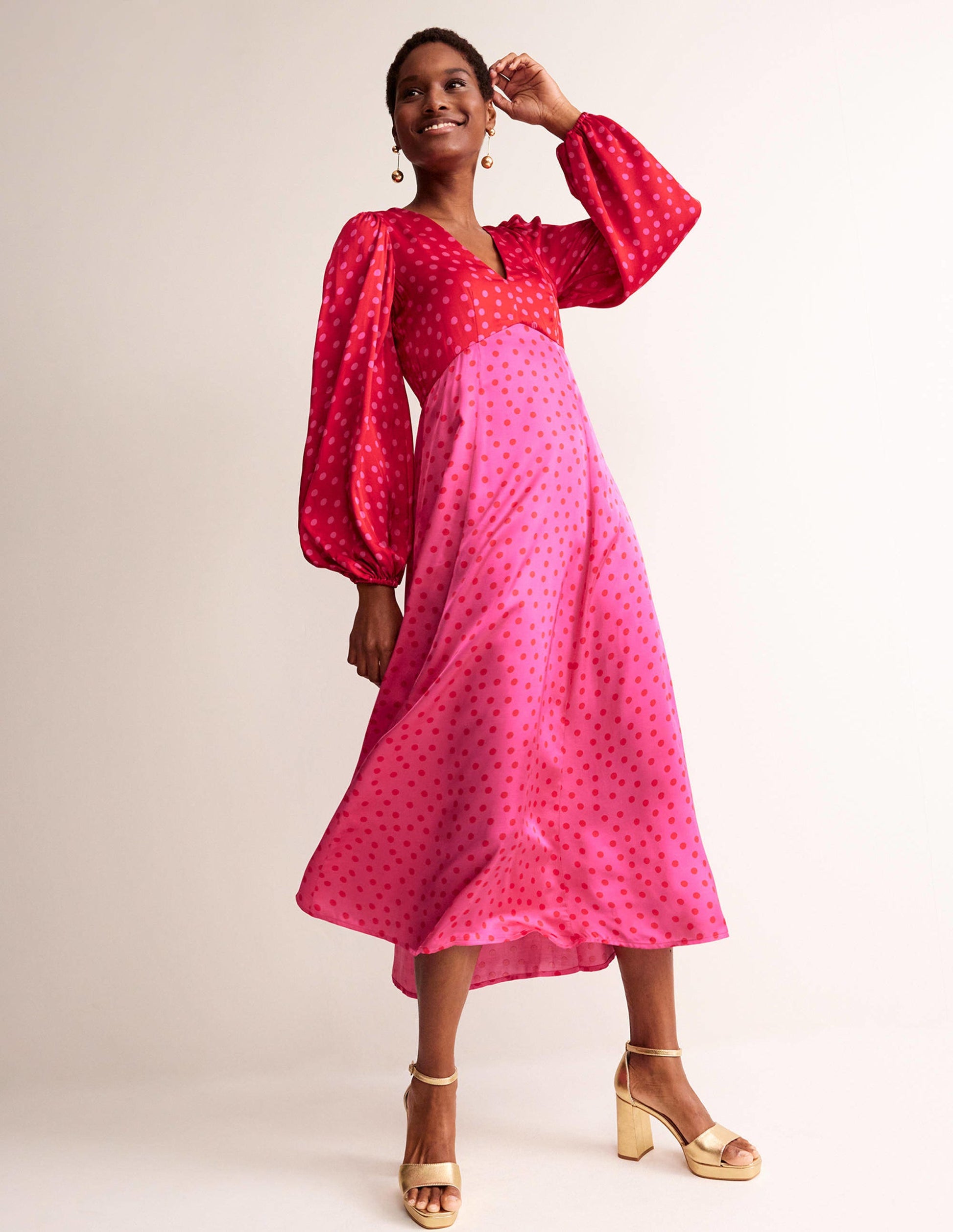 Blouson Sleeve Midi Tea Dress-Salsa, Dotty Spot-1