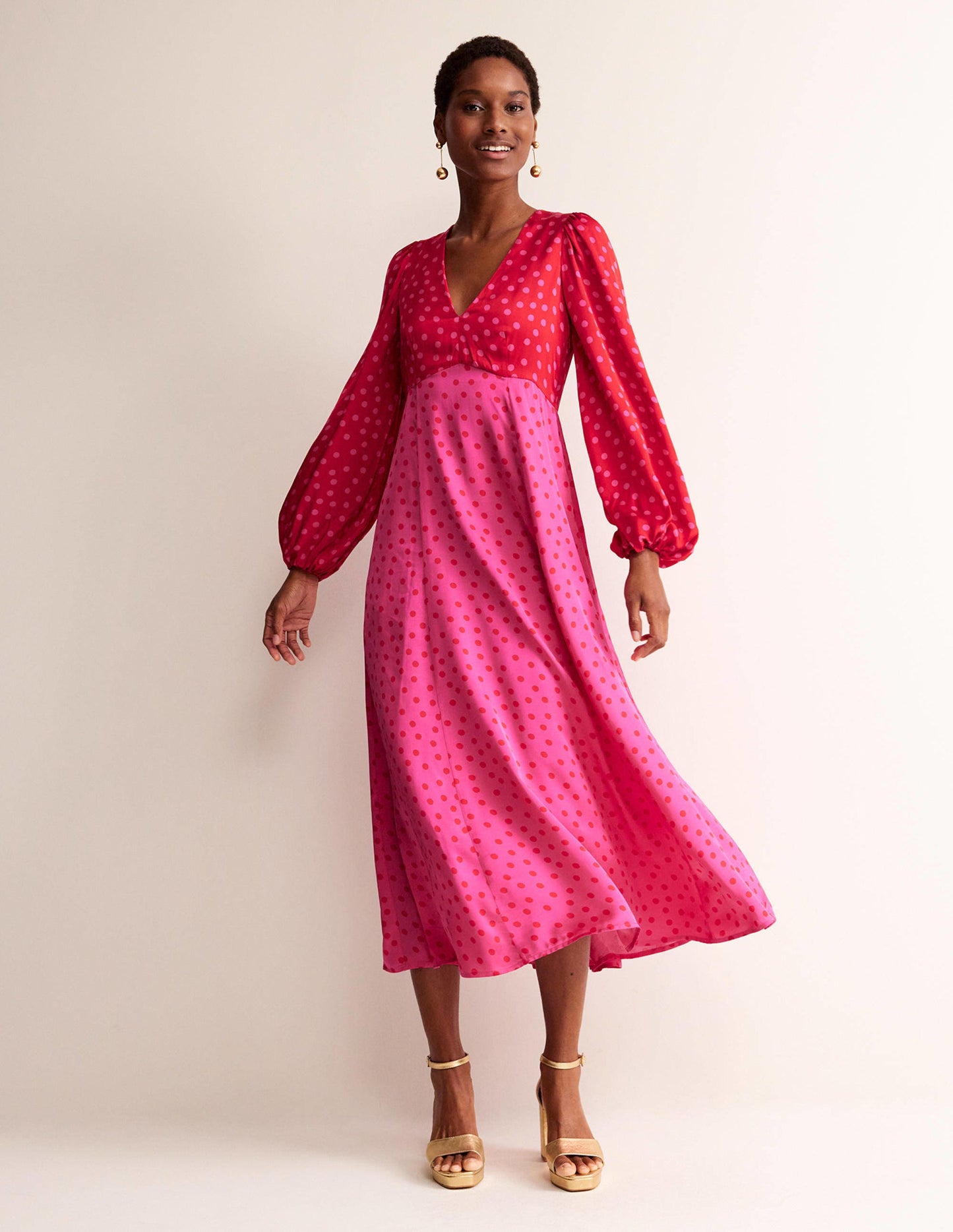 Blouson Sleeve Midi Tea Dress-Salsa, Dotty Spot