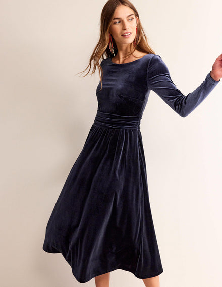 Abigail Velvet Midi Dress-Navy