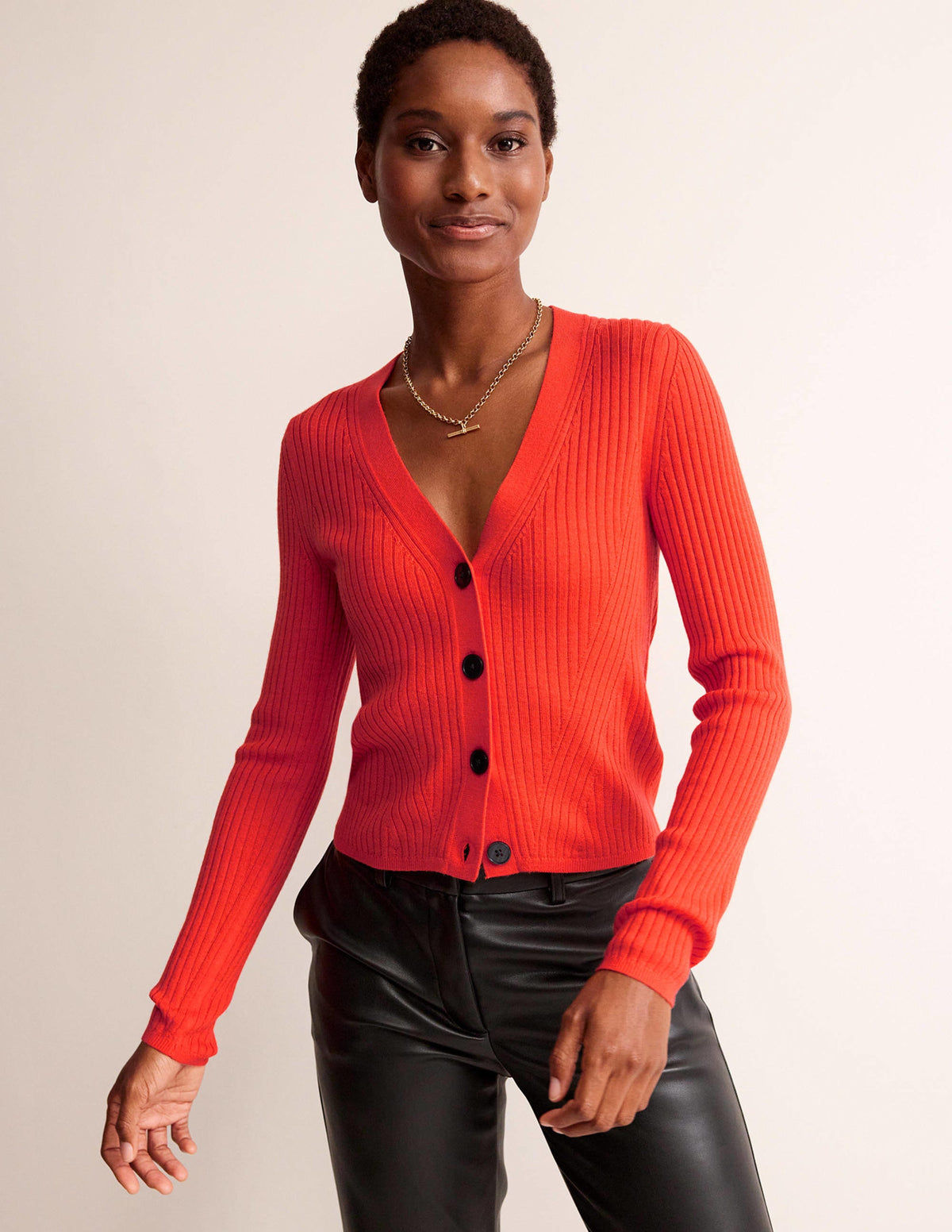 Ribbed Merino V Cardigan-Vermillion Red - Image 1