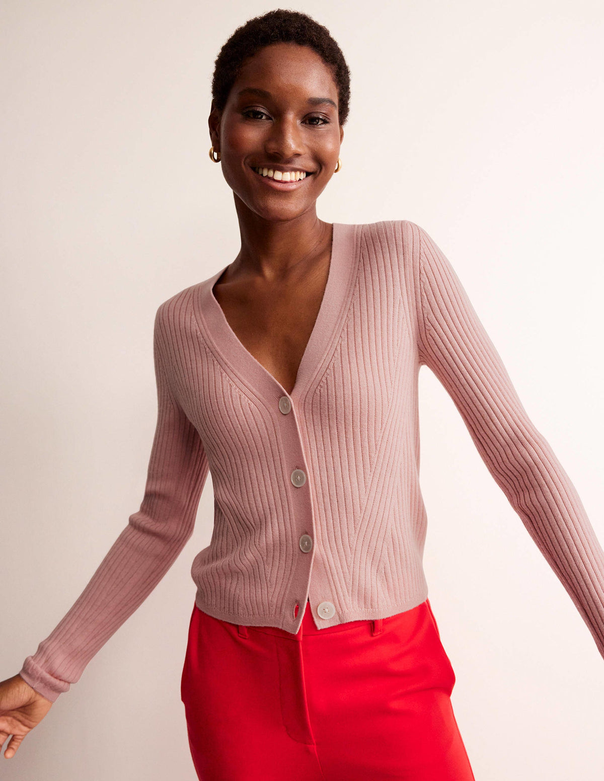 Ribbed Merino V Cardigan-Chalky Pink - Image 1