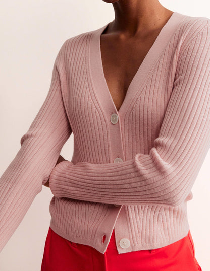 Ribbed Merino V Cardigan-Chalky Pink