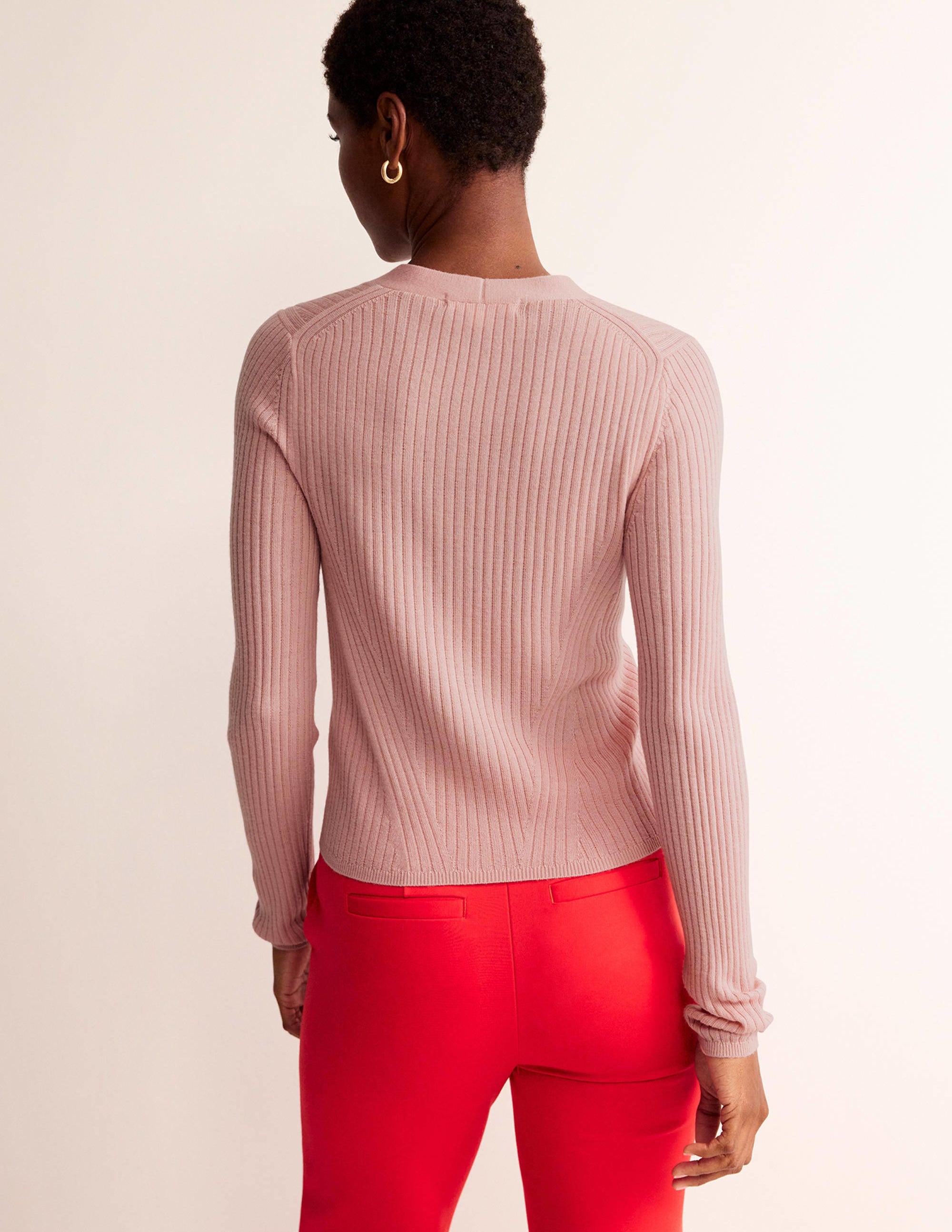 Ribbed Merino V Cardigan-Chalky Pink - Image 3