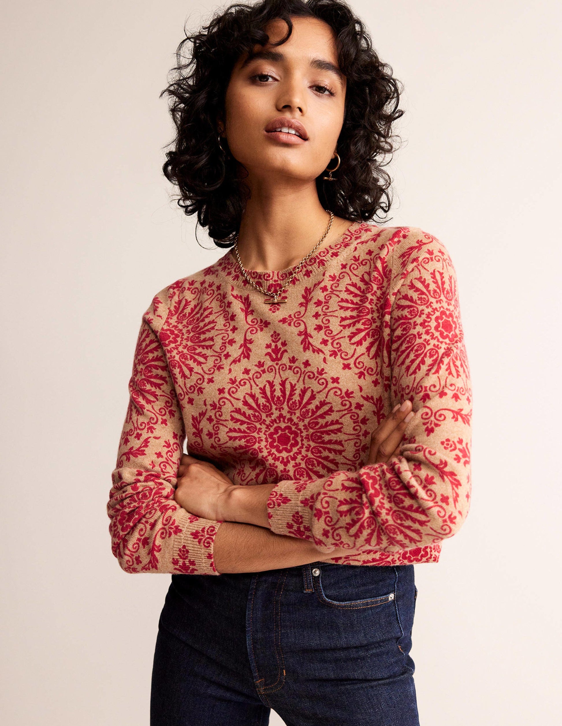 Eva Cashmere Crew Neck Jumper-Camel Pop Peony-1