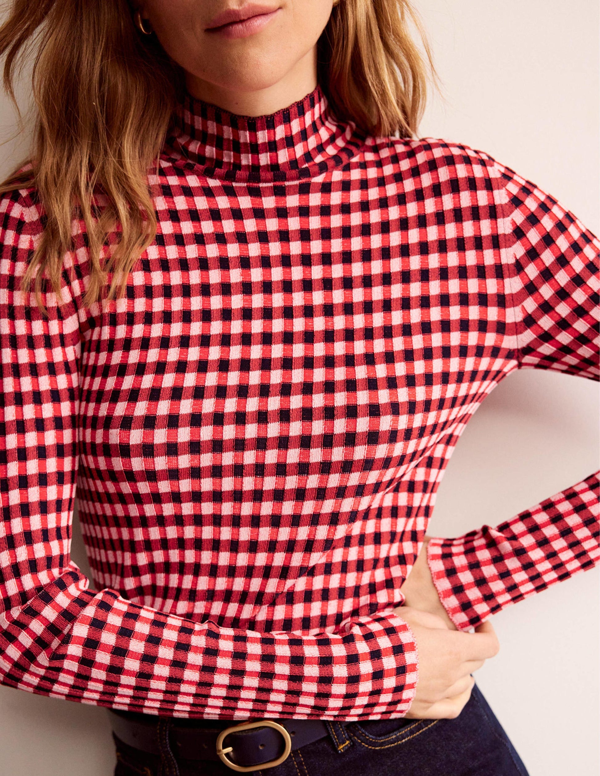 Fitted Check Jumper-Hot Pepper, Marshmallow-2