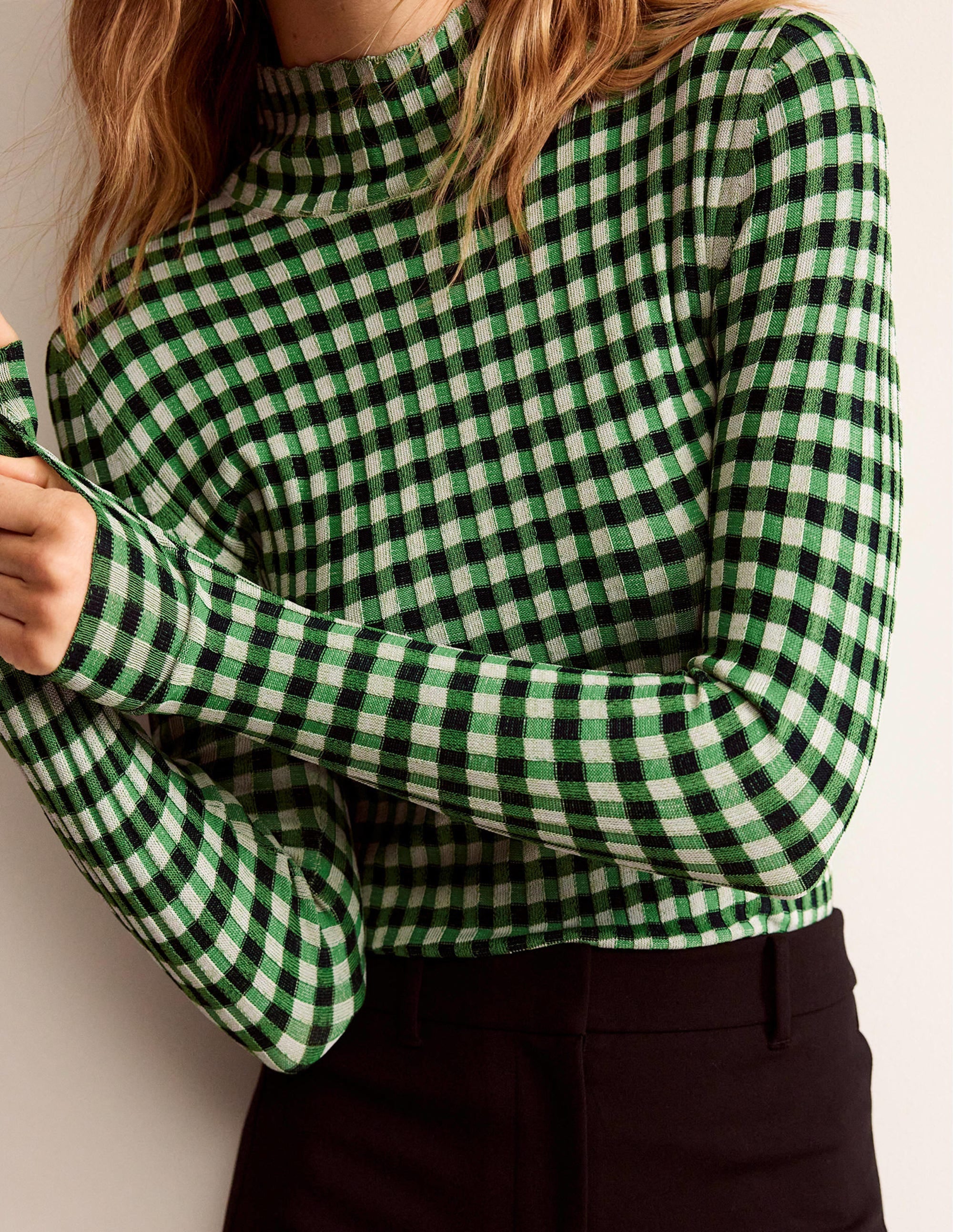 Fitted Check Jumper-Navy, Bright Green - Image 2