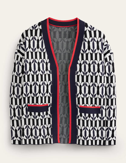 Jacquard Cardigan-Black and Ivory, Geometric