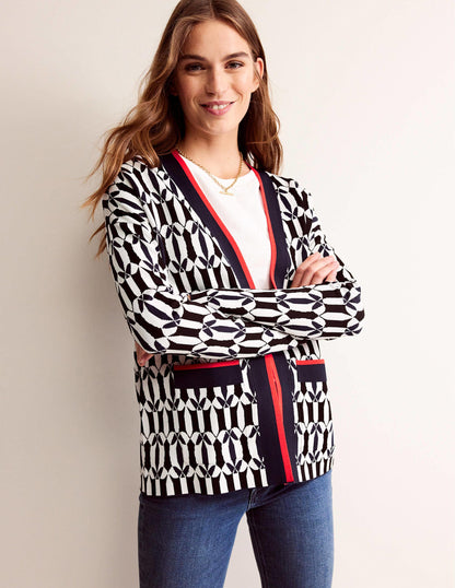 Jacquard Cardigan-Black and Ivory, Geometric