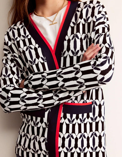Jacquard Cardigan-Black and Ivory, Geometric