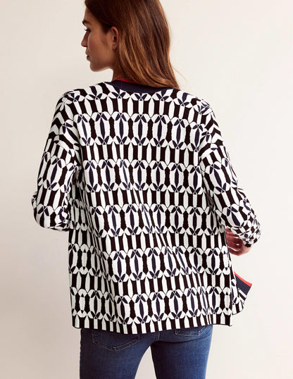 Jacquard Cardigan-Black and Ivory, Geometric