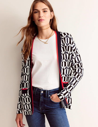 Jacquard Cardigan-Black and Ivory, Geometric
