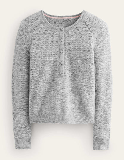 Fluffy Henley Pointelle Jumper-Grey Melange