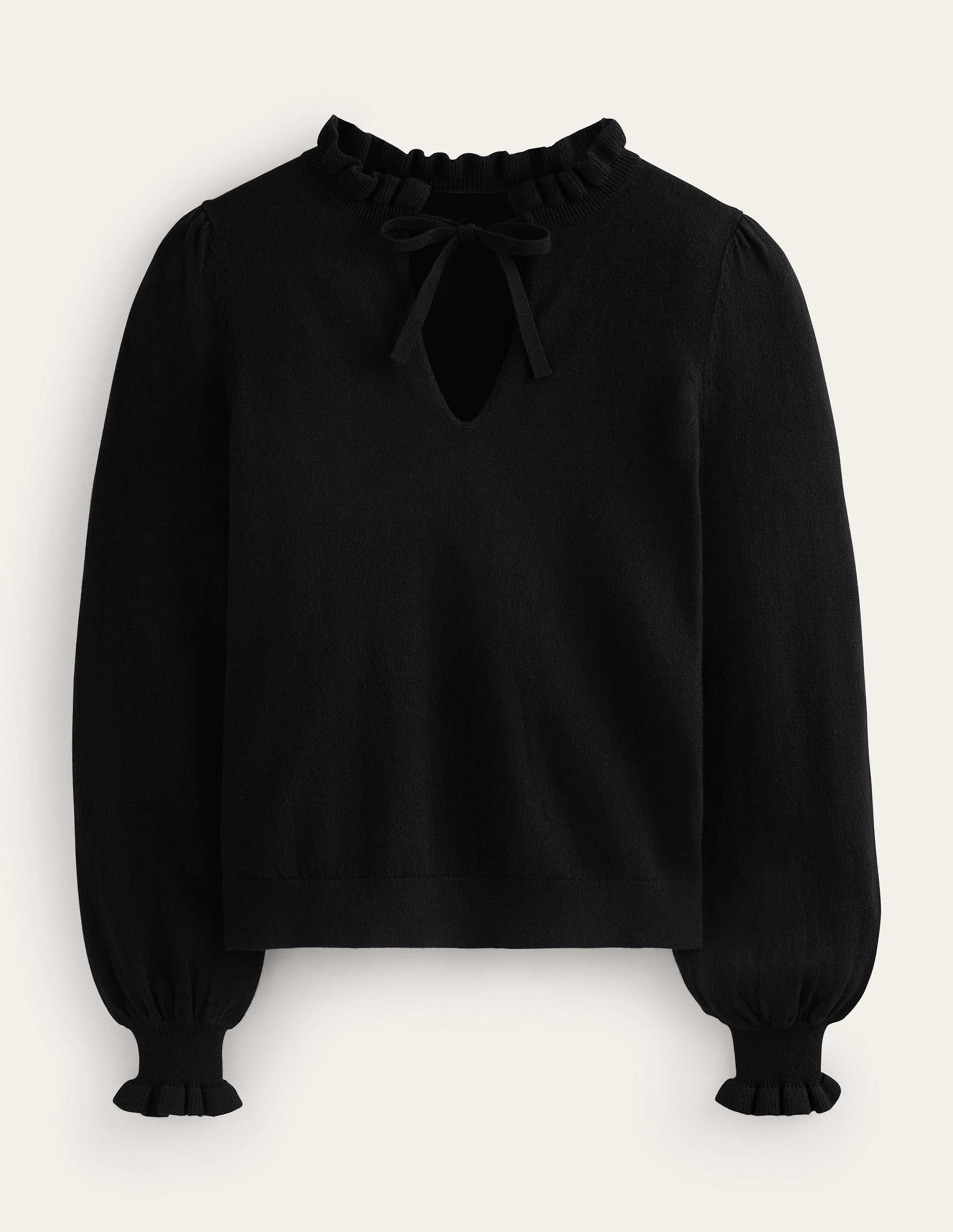 Ruffle Tie-Neck Jumper-Black - Image 5