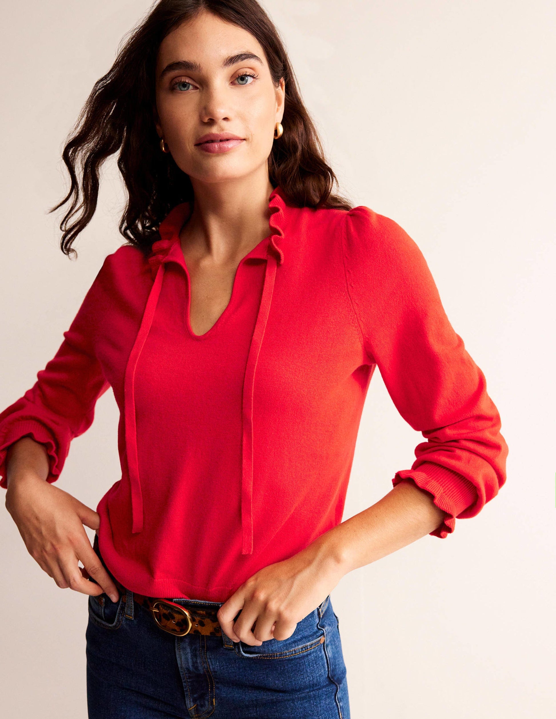 Ruffle Tie-Neck Jumper-Brilliant Red-1