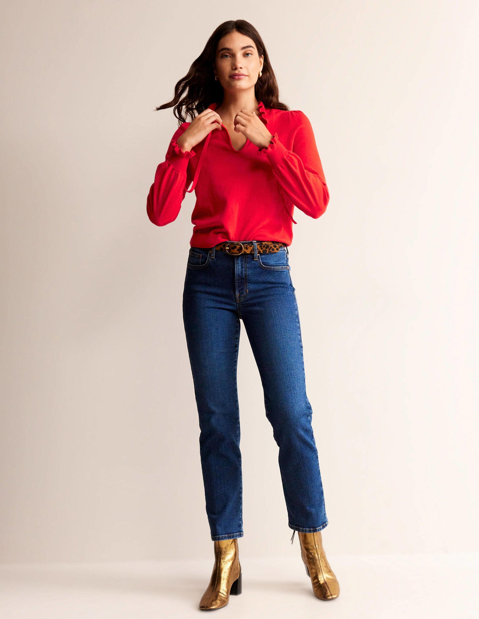 Ruffle Tie-Neck Jumper-Brilliant Red-4