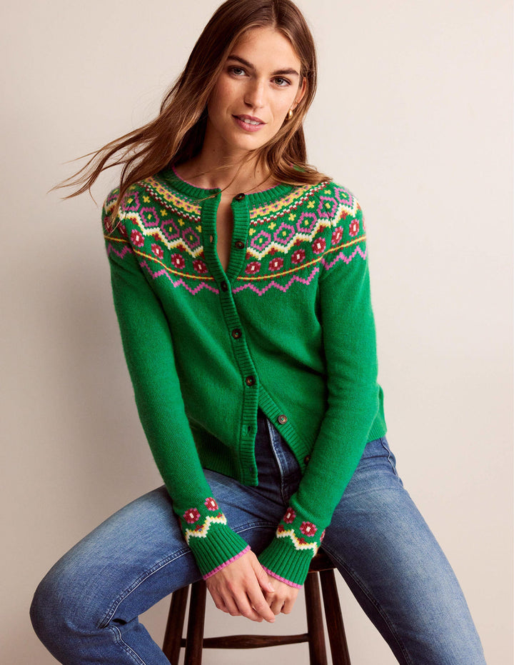 Edie Fair Isle Cardigan-Green Fair Isle