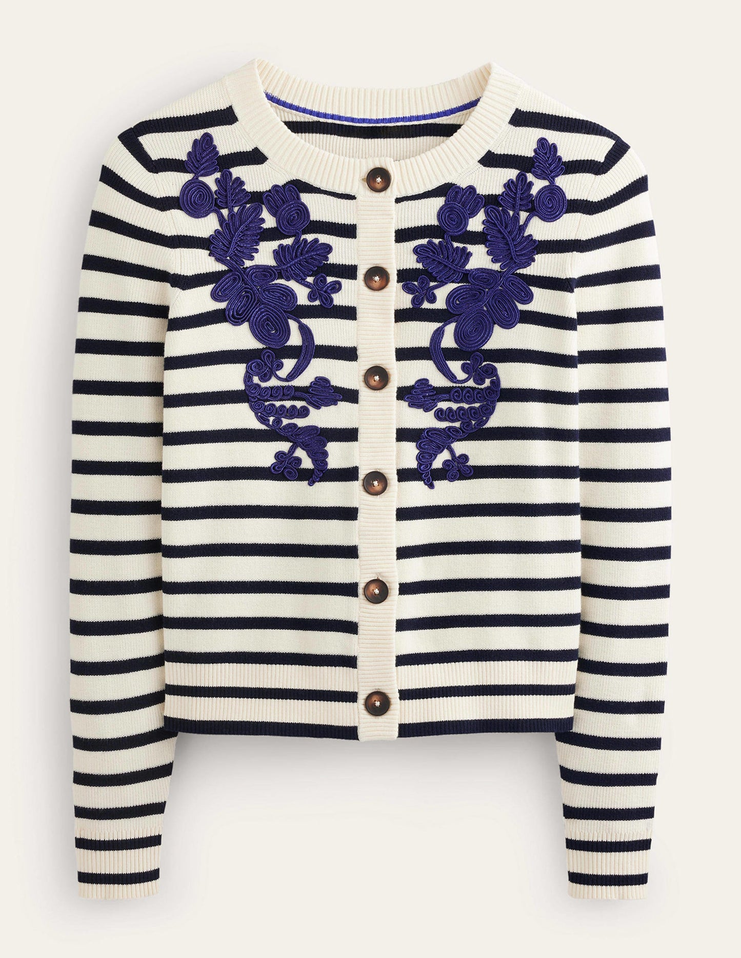 Embroidered Cardigan-Navy/Warm Ivory Stripe