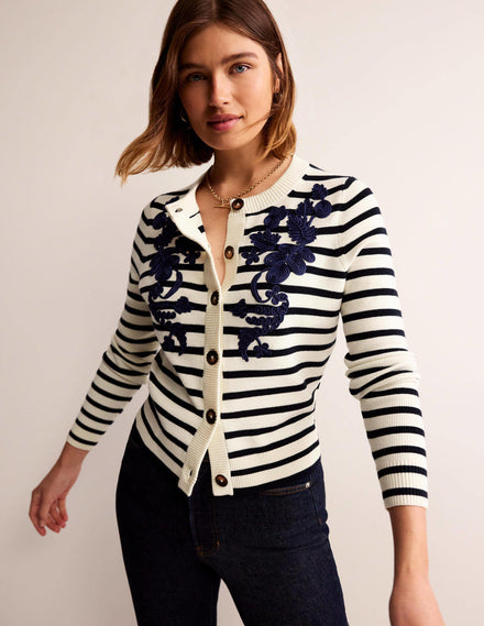Embroidered Cardigan-Navy/Warm Ivory Stripe